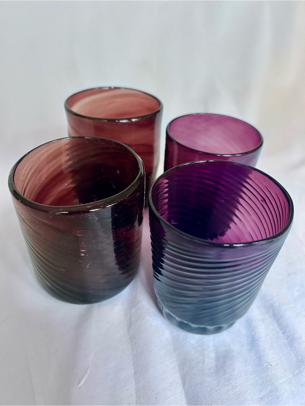 Set 4 Hand Blown Amethyst Purple Art Glass Tumblers Swirl Organic